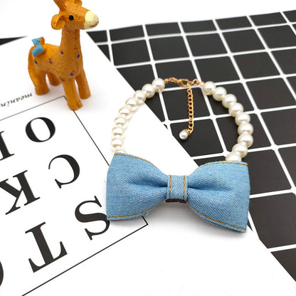 Pet Neck Chain Cat Dog Accessories Pearl Necklace Denim Bow Pendant cute Princess bib