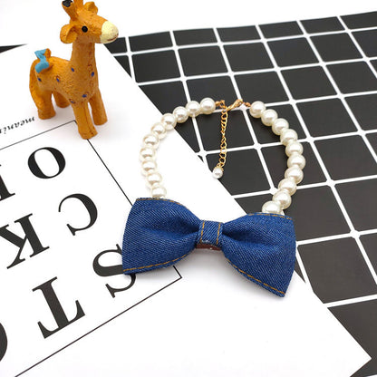 Pet Neck Chain Cat Dog Accessories Pearl Necklace Denim Bow Pendant cute Princess bib