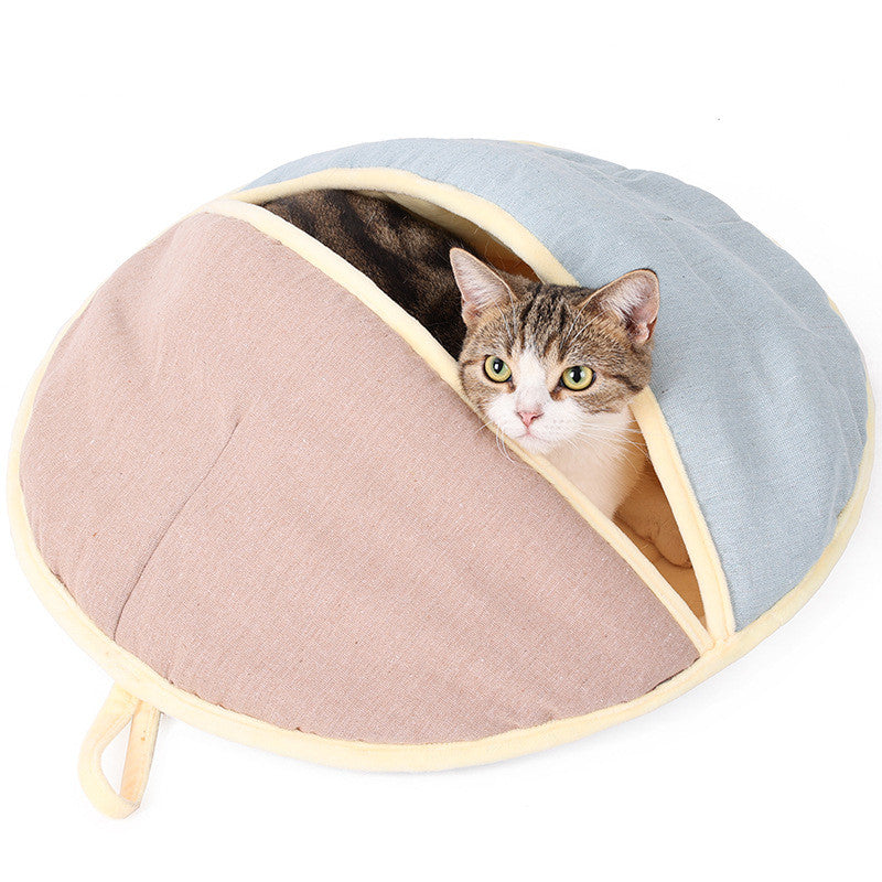 Round Fan Cotton And Linen Wool Warm Semi Enclosed Pet Nest For Cat Small Dog