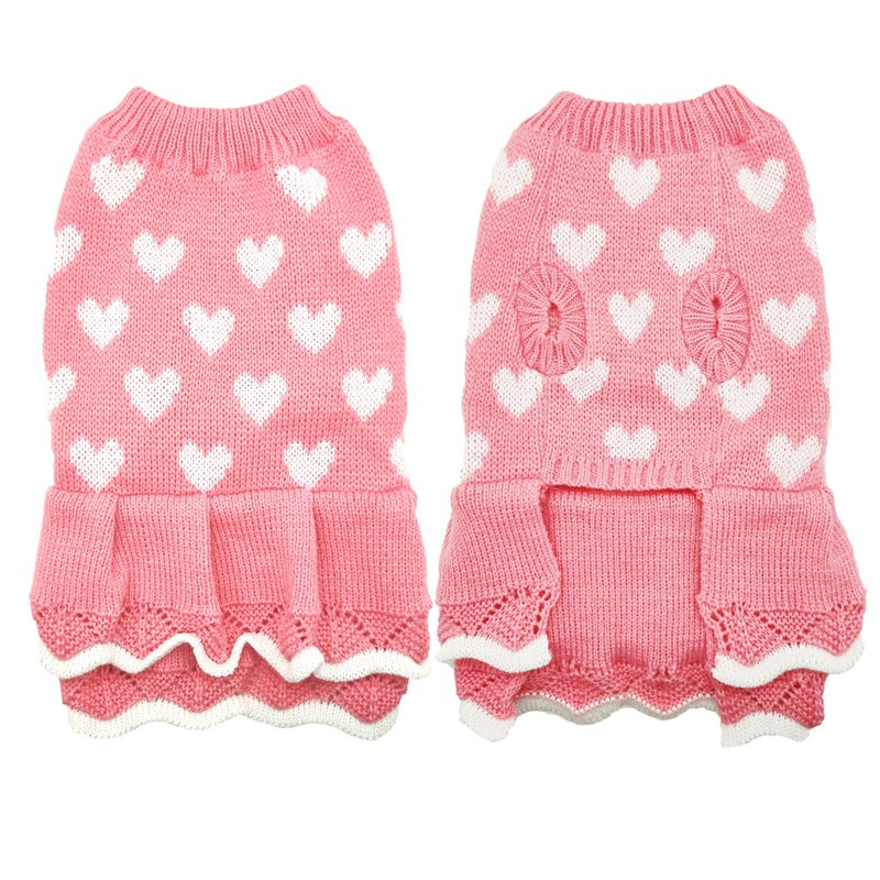 Autumn And Winter Warm Red Love Dog Clothes Sweater Skirt