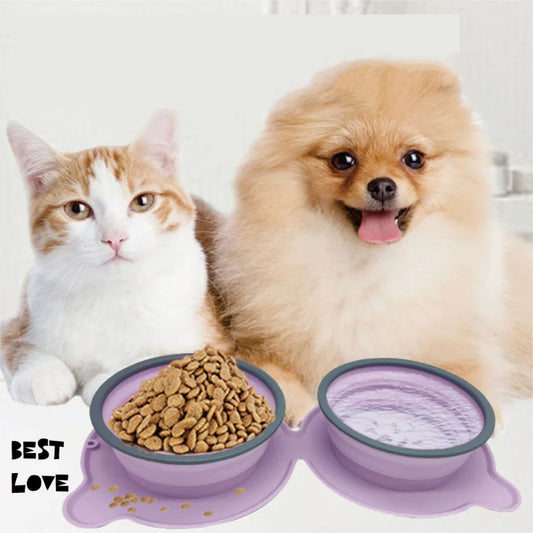 Portable Silicone Double Dog Food Bowls Foldable Non-Slip Cat Bowl