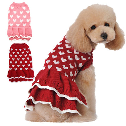 Autumn And Winter Warm Red Love Dog Clothes Sweater Skirt