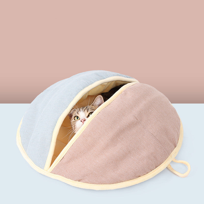Round Fan Cotton And Linen Wool Warm Semi Enclosed Pet Nest For Cat Small Dog