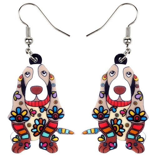 Floral Cartoon Basset Hound Dog Earrings