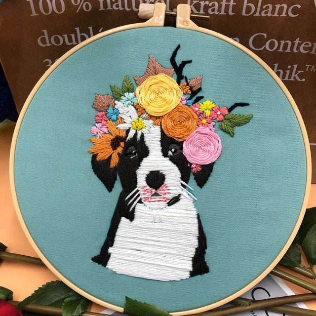 Dog Pattern Embroidery Kit with Hoop Sewing Art
