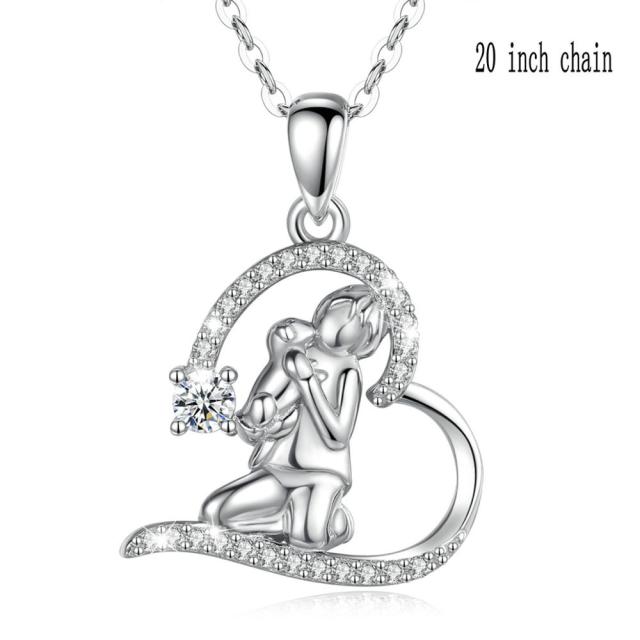 Silver Angel Girl Hug Dog Pendant