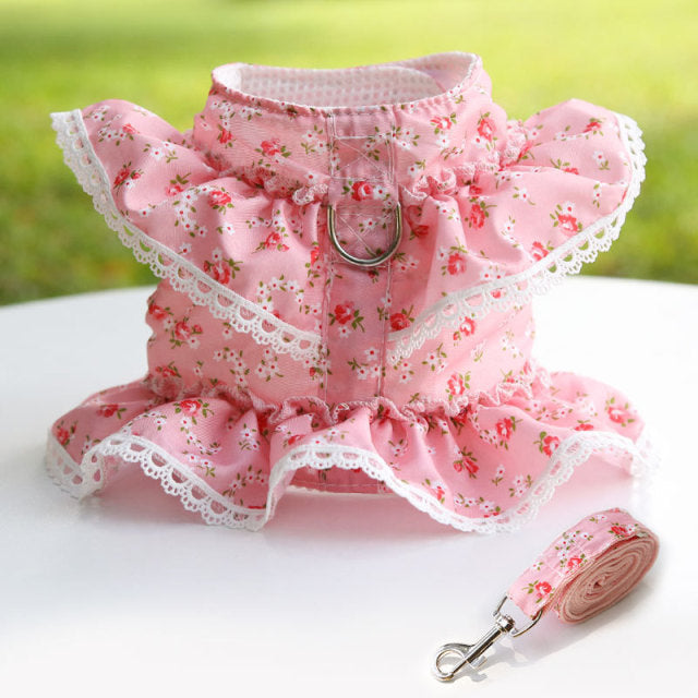 Floral Small Dog Harness Vest Leash Suit
