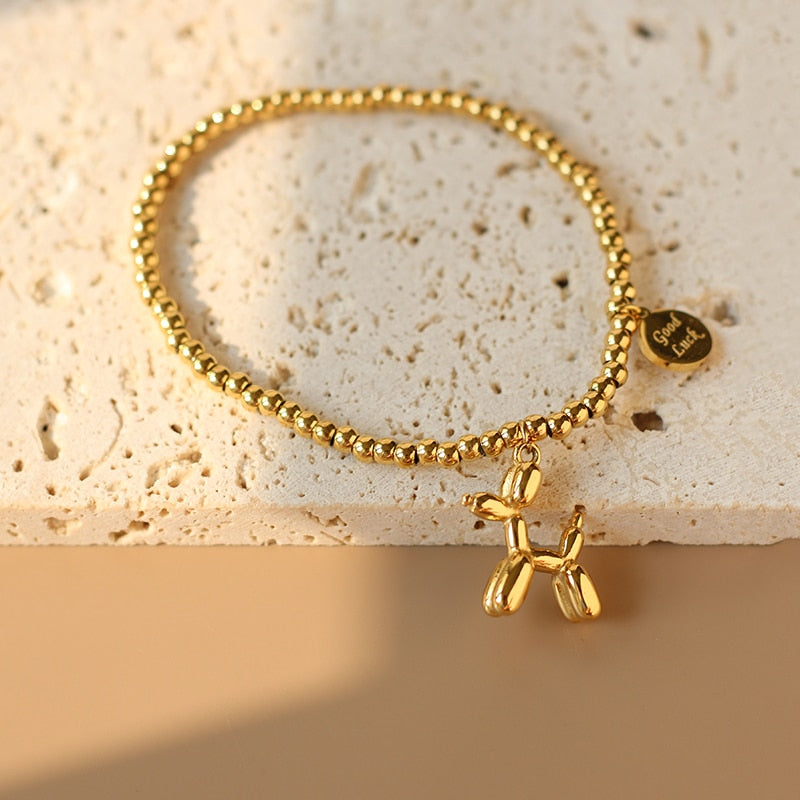 Dog Elastic Bracelet Round Bead Gold Plated