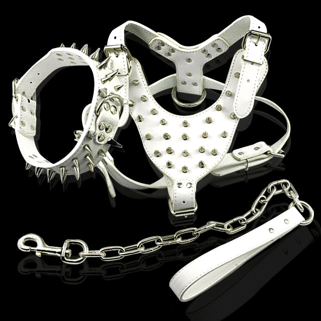 Spiked Studded Leather Dog Pet Collar Harness Leash 3 pieces Set