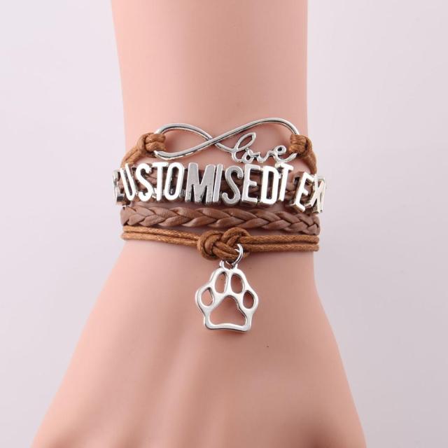 Customised Text bracelet name dog charm leather