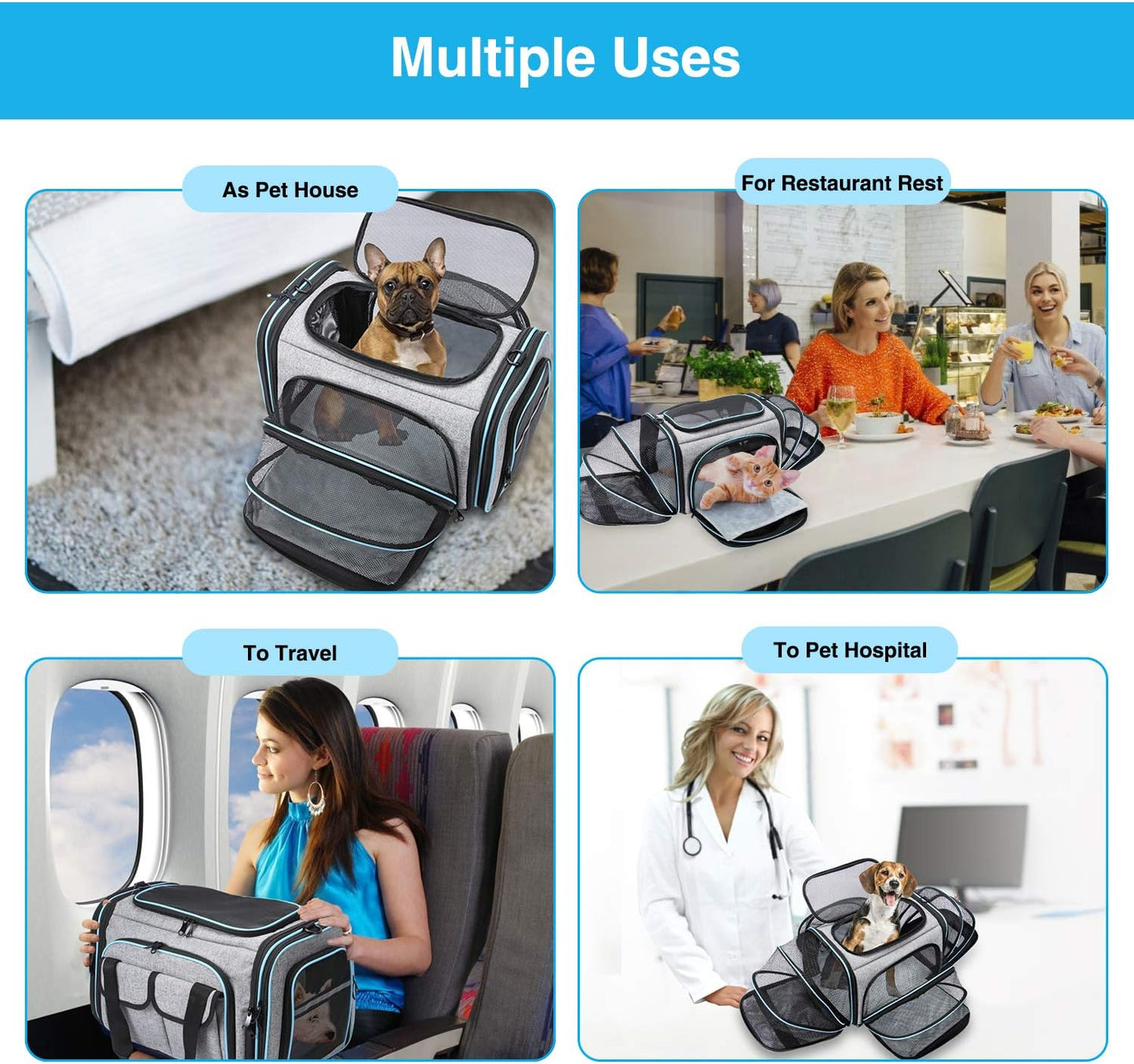 Large Soft Sided Pet Travel TSA Carrier 4 Sides Expandable