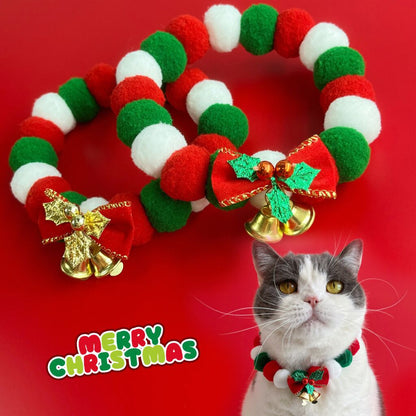 Christmas Cute Dog Cat Plush Ball Necklace Collar With Bow
