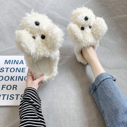Comwarm Cute Dog Short Plush Slippers For Women Cozy Slippers