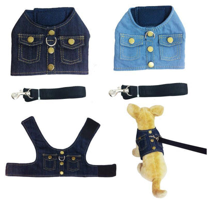 Pet dog's Chest Harness Denim Jacket Chest And Back Leash