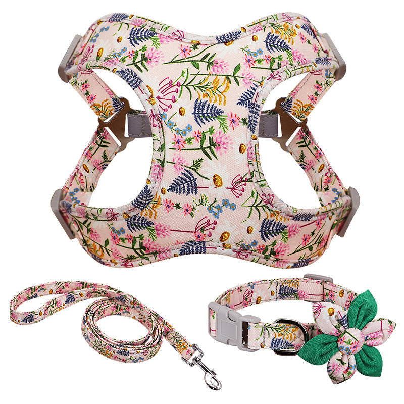 Flower Printed Dog Collar Harness Leash Set