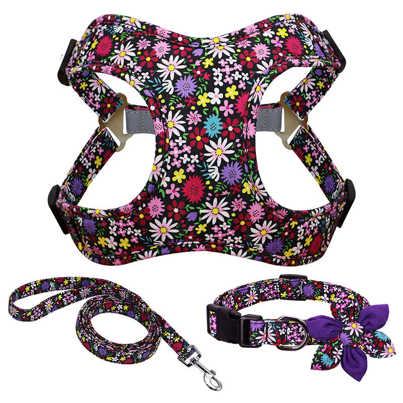 Flower Printed Dog Collar Harness Leash Set