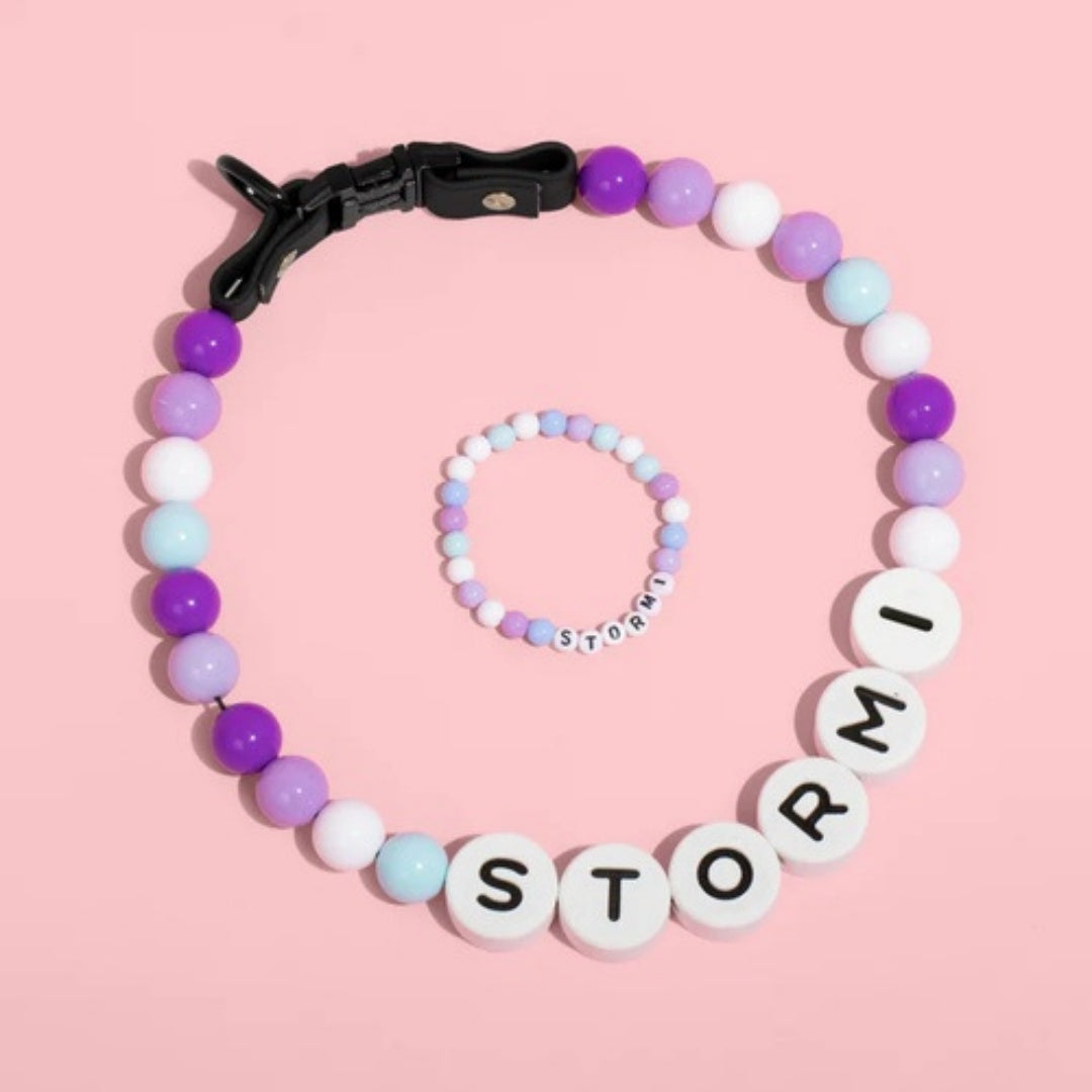 Pet Beaded Name Collar With Bracelet Set Custom Dog Collar