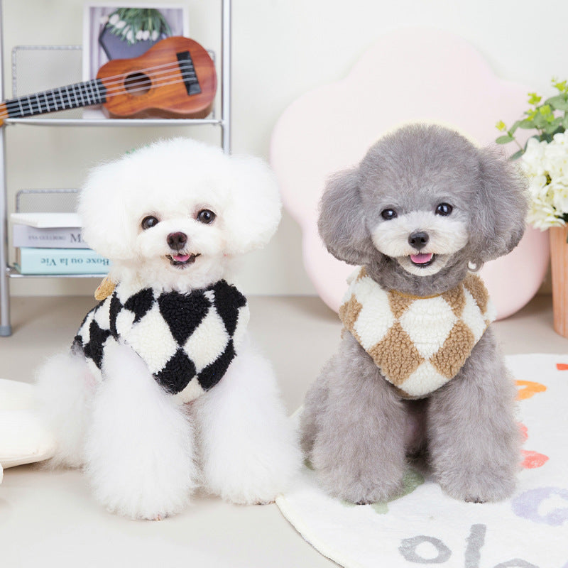 Pet Checkerboard Vest Cat Dog Plush Autumn Winter Jacket