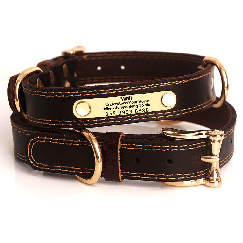 Genuine Leather Dog Collars with Engraved Nameplate
