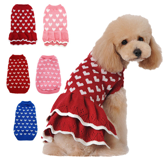 Autumn And Winter Warm Red Love Dog Clothes Sweater Skirt