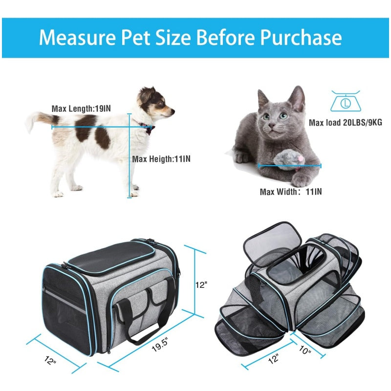 Large Soft Sided Pet Travel TSA Carrier 4 Sides Expandable