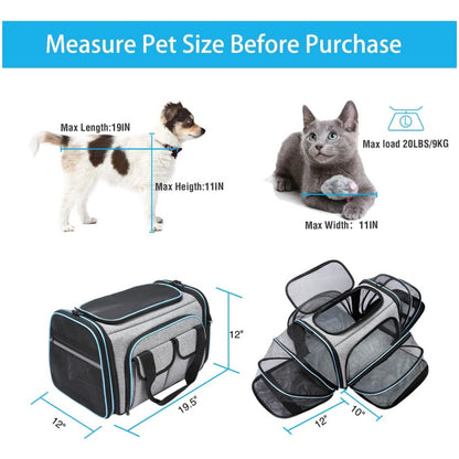 Large Soft Sided Pet Travel TSA Carrier 4 Sides Expandable
