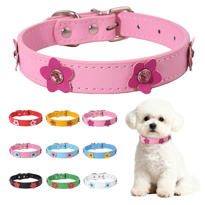 Cute Flowers Solid PU Leather Dog Cat Collar Adjustable
