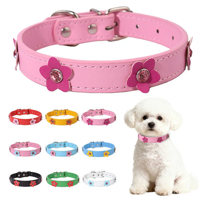 Cute Flowers Solid PU Leather Dog Cat Collar Adjustable