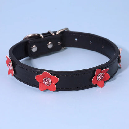 Cute Flowers Solid PU Leather Dog Cat Collar Adjustable