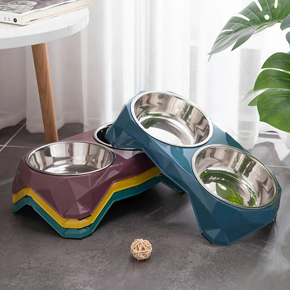 Stainless Steel Pet Double Bowl Upgraded Diamon Pattern