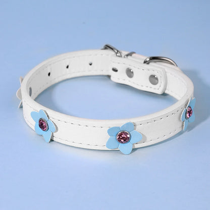 Cute Flowers Solid PU Leather Dog Cat Collar Adjustable