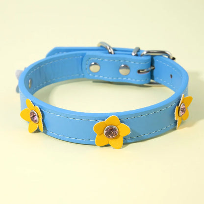 Cute Flowers Solid PU Leather Dog Cat Collar Adjustable