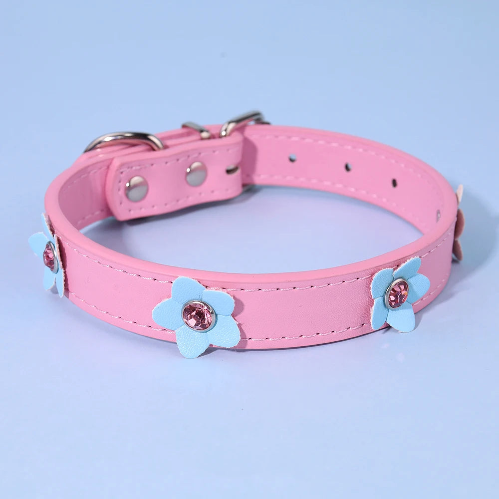 Cute Flowers Solid PU Leather Dog Cat Collar Adjustable