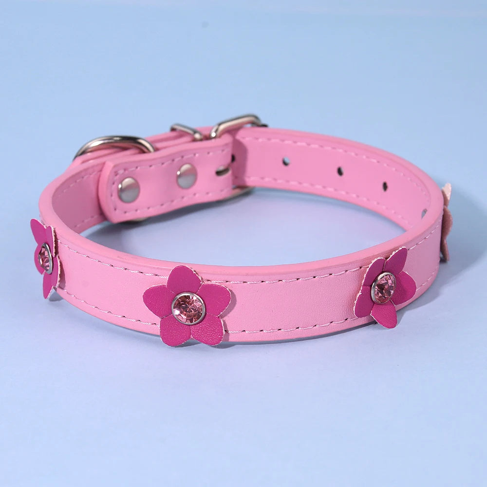 Cute Flowers Solid PU Leather Dog Cat Collar Adjustable