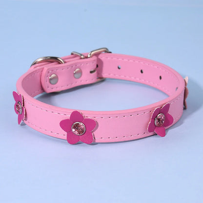 Cute Flowers Solid PU Leather Dog Cat Collar Adjustable