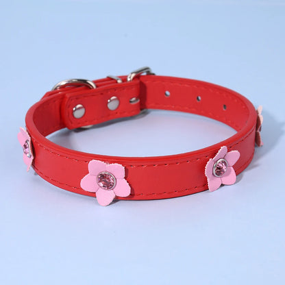 Cute Flowers Solid PU Leather Dog Cat Collar Adjustable