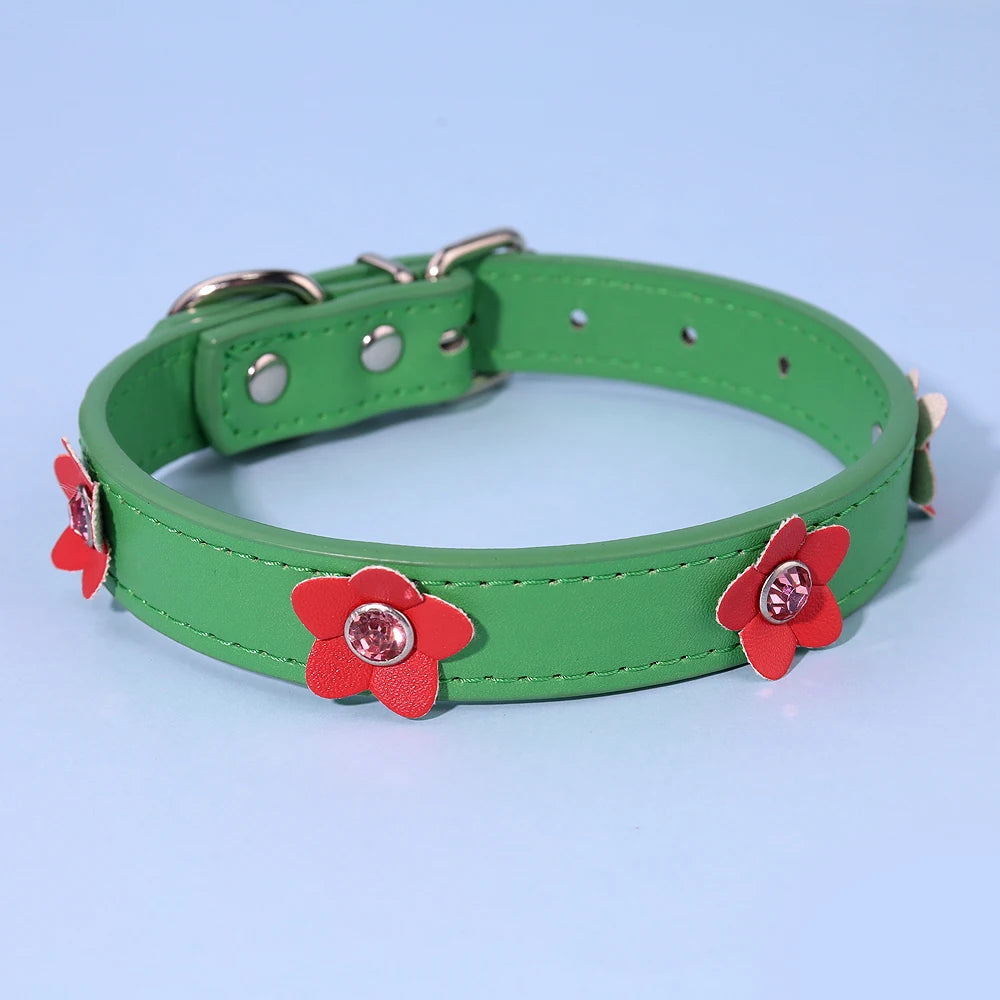 Cute Flowers Solid PU Leather Dog Cat Collar Adjustable