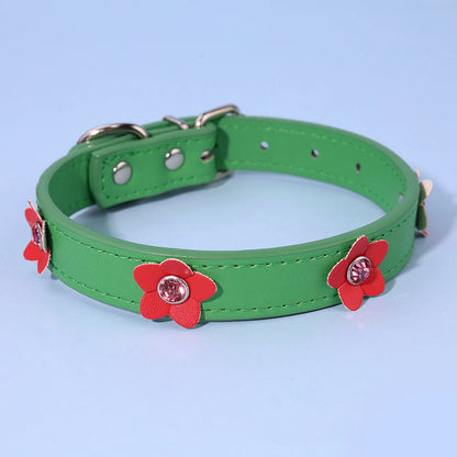 Cute Flowers Solid PU Leather Dog Cat Collar Adjustable