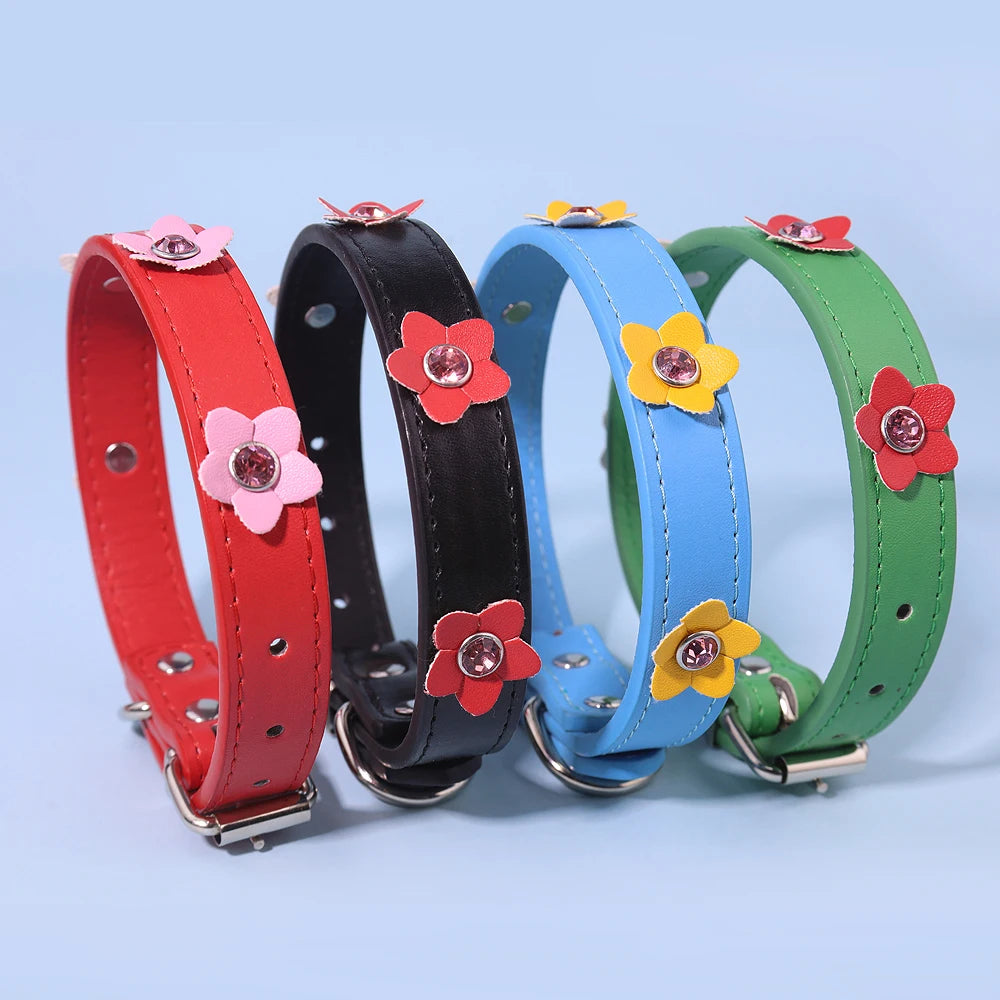 Cute Flowers Solid PU Leather Dog Cat Collar Adjustable