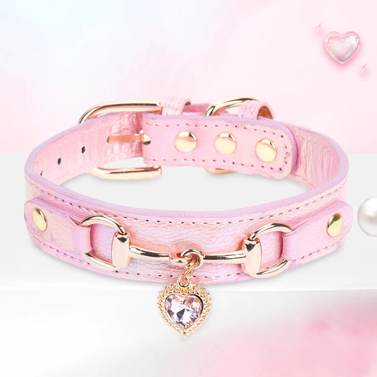 Rhinestone Heart Charm Pet Collar, Color-Changing PU Dog Collar for Small & Medium Dogs