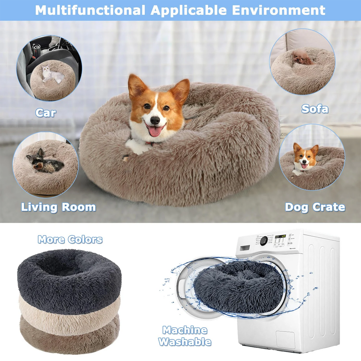 Round Pet Bed for Large Dog Bed Donut Long Plush Cat Bed