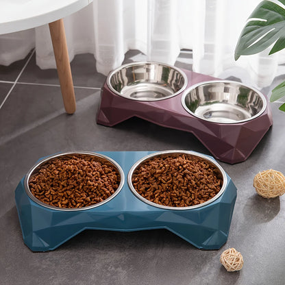 Stainless Steel Pet Double Bowl Upgraded Diamon Pattern