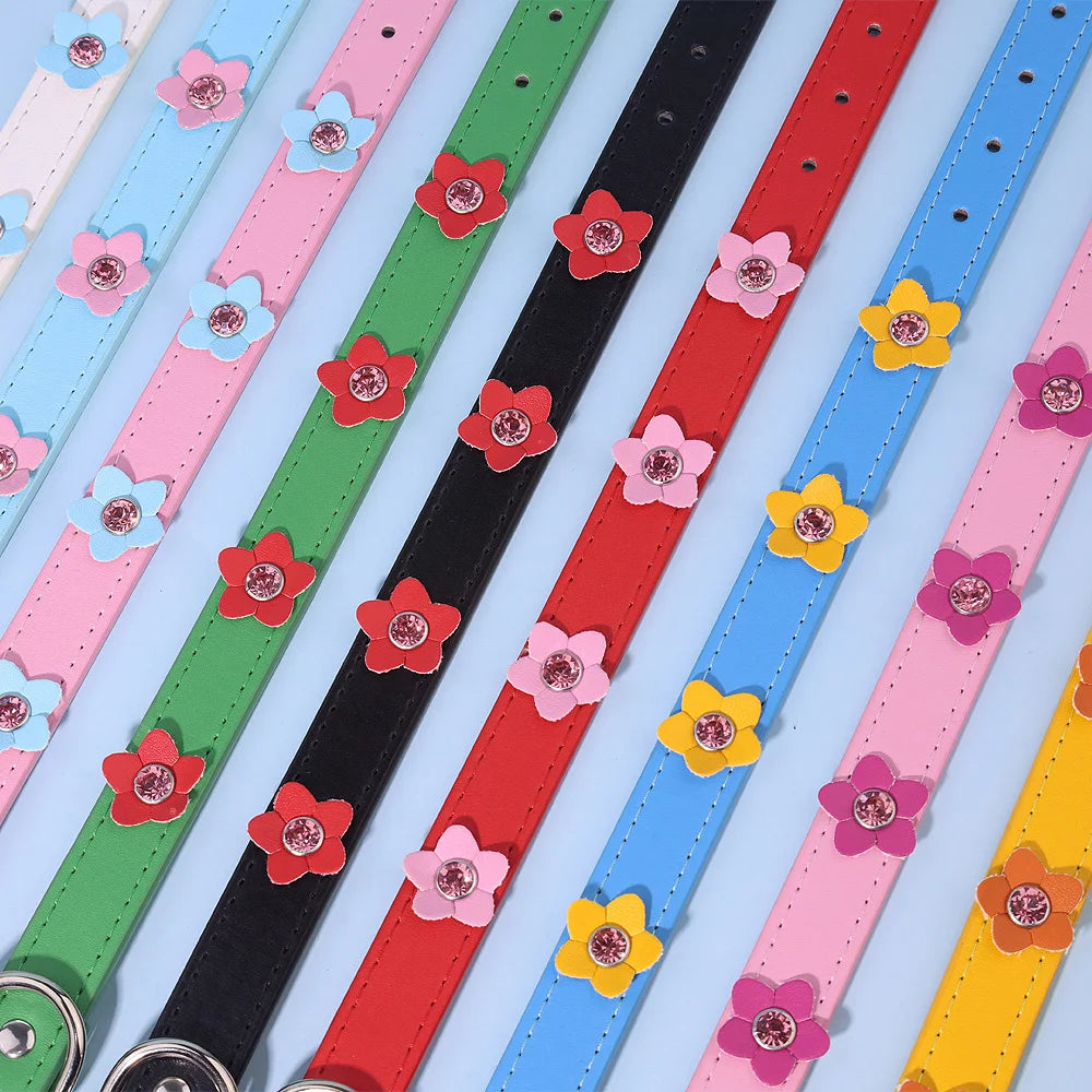 Cute Flowers Solid PU Leather Dog Cat Collar Adjustable