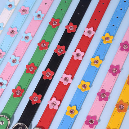 Cute Flowers Solid PU Leather Dog Cat Collar Adjustable