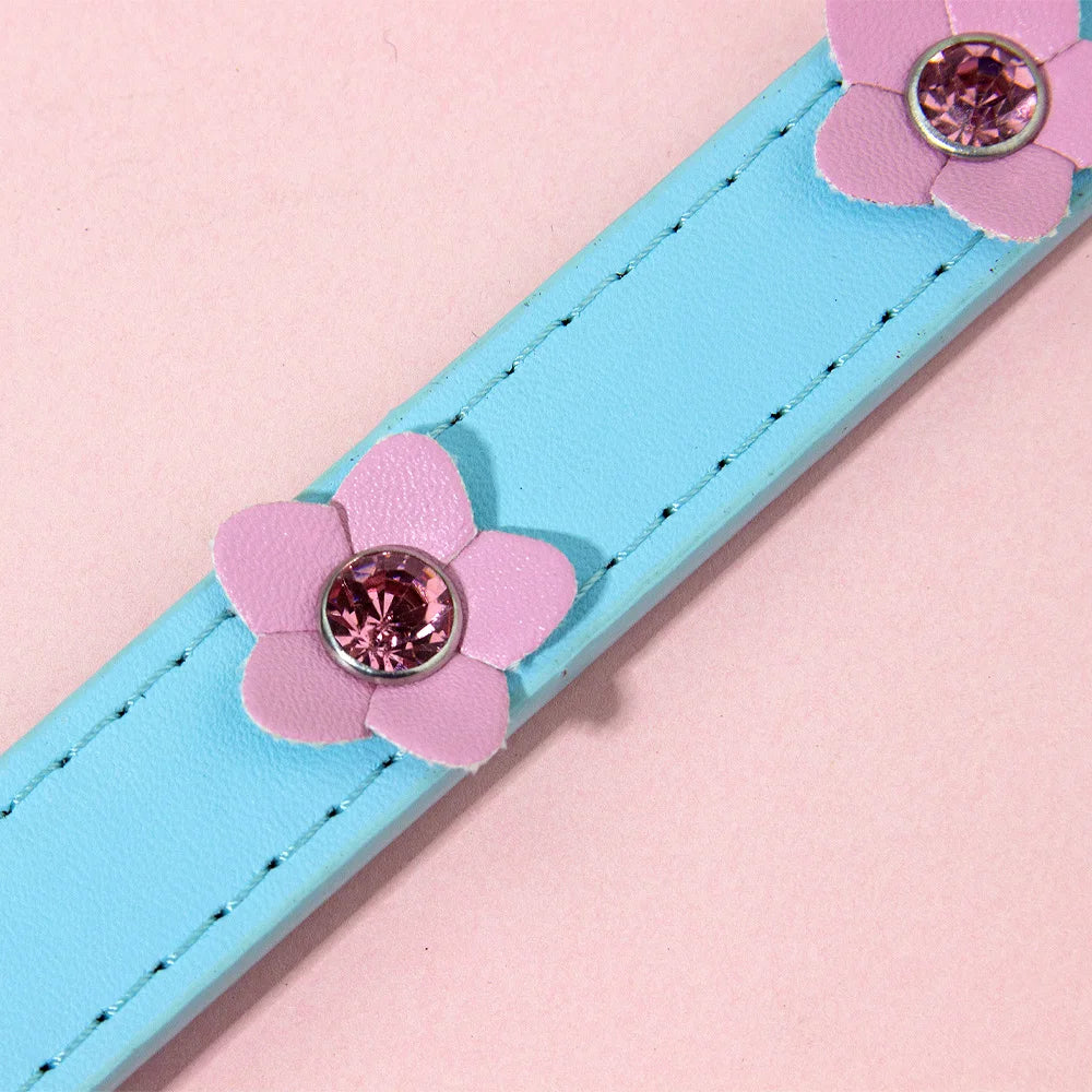 Cute Flowers Solid PU Leather Dog Cat Collar Adjustable