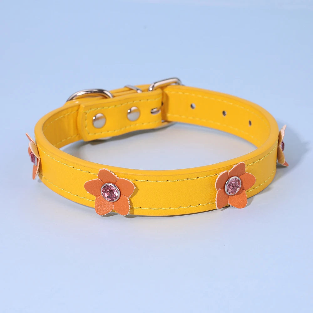 Cute Flowers Solid PU Leather Dog Cat Collar Adjustable