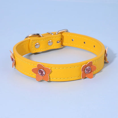 Cute Flowers Solid PU Leather Dog Cat Collar Adjustable