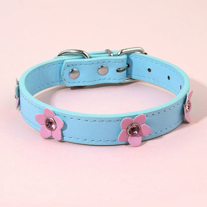 Cute Flowers Solid PU Leather Dog Cat Collar Adjustable
