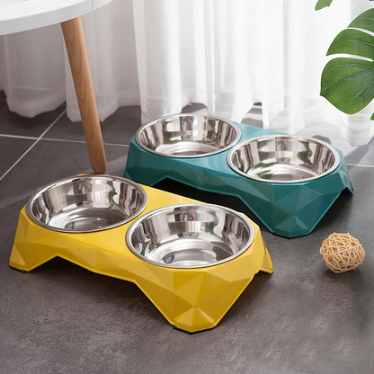 Stainless Steel Pet Double Bowl Upgraded Diamon Pattern