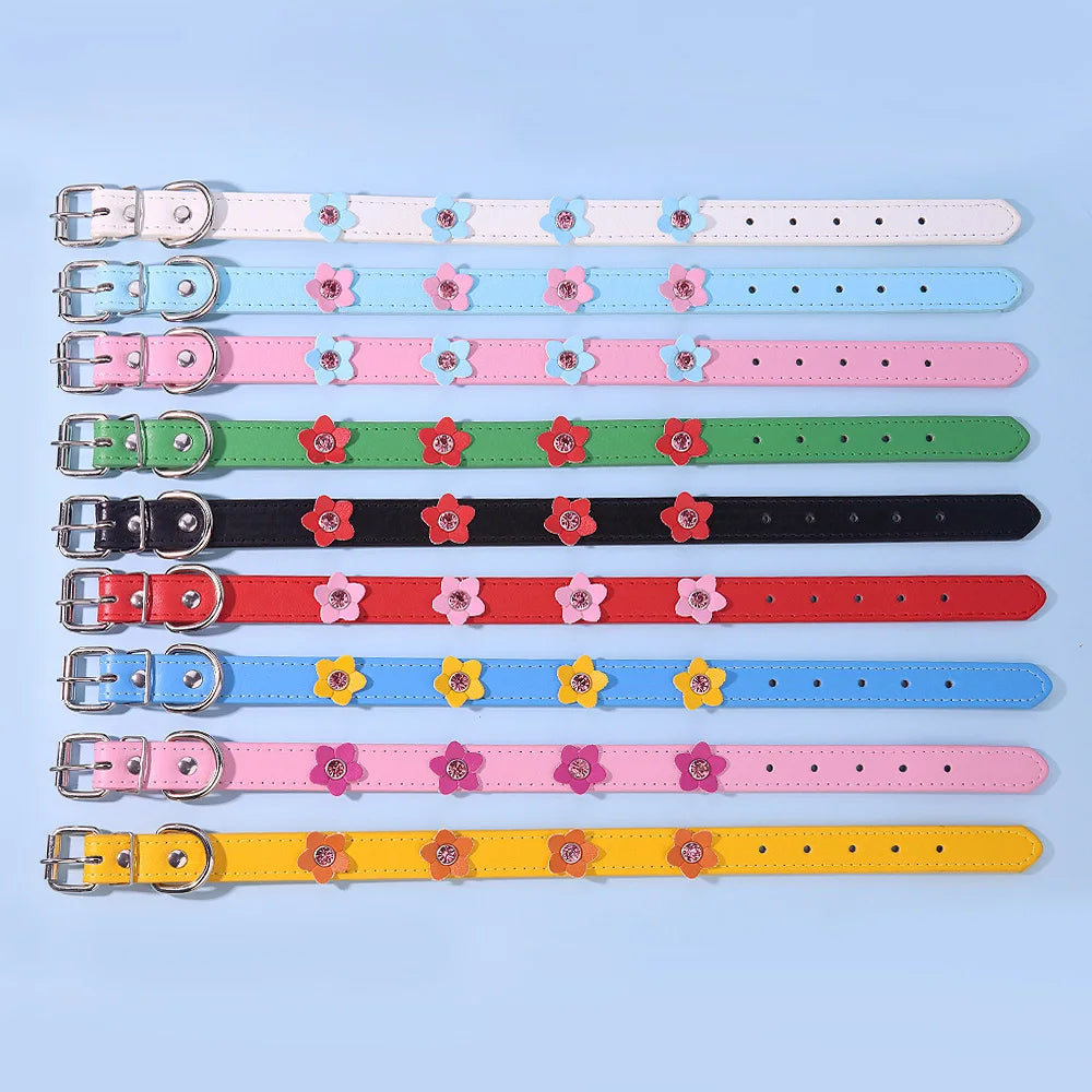 Cute Flowers Solid PU Leather Dog Cat Collar Adjustable